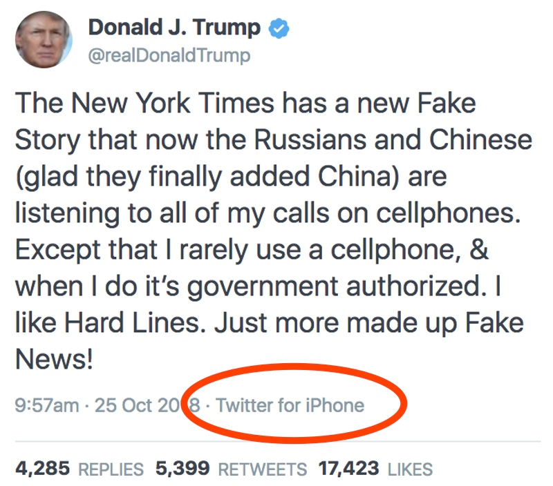 Illustration for article titled Trump Tweets, 'I Rarely Use a Cellphone,' From His iPhone